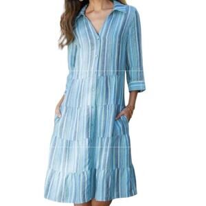 Soft Surroundings Linen Shirt Dress Size L Santa Cruz Blue Stripe Tiered Boho